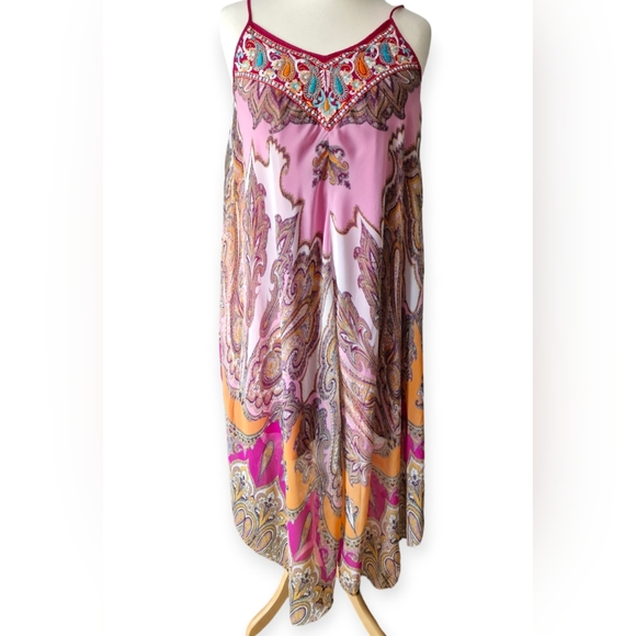 Kas New York Pink Paisley Print Embroidered Chiffon Hanky Hem Maxi Dress Size XL - Picture 4 of 12